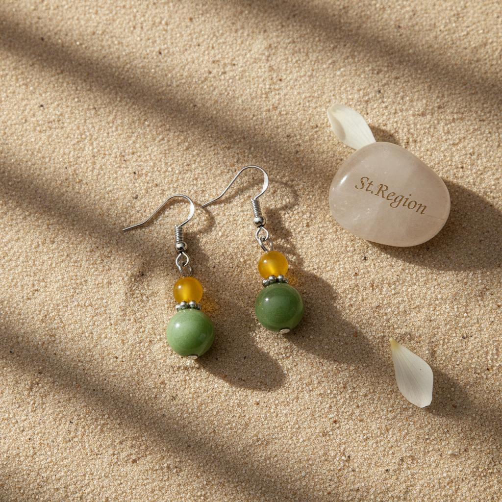 Yellow and Green Jade Silvertone ‌Gourd‌-Shape Hook Earrings, silver drop earrings for women, everyday style, detail close-up