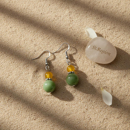 Yellow and Green Jade Silvertone ‌Gourd‌-Shape Hook Earrings, silver drop earrings for women, everyday style, detail close-up