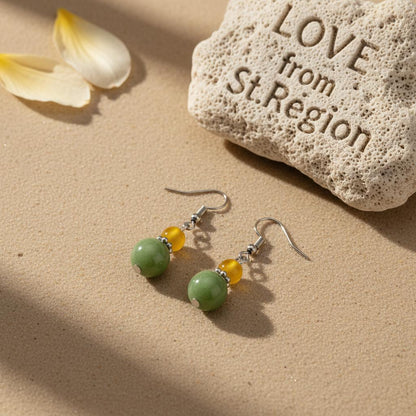 Yellow and Green Jade Silvertone ‌Gourd‌-Shape Hook Earrings, silver drop earrings for women, everyday style, lifestyle look