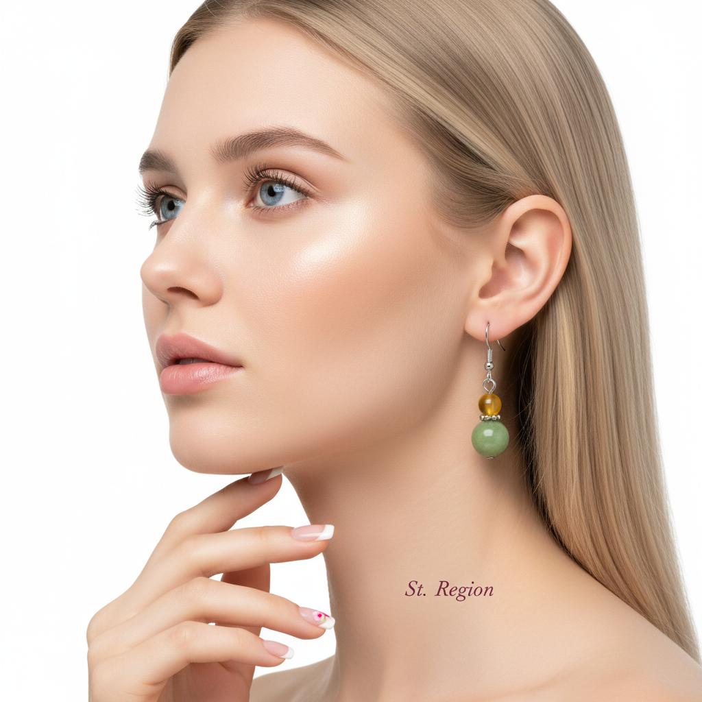 Yellow and Green Jade Silvertone ‌Gourd‌-Shape Hook Earrings, silver drop earrings for women, everyday style, styled look