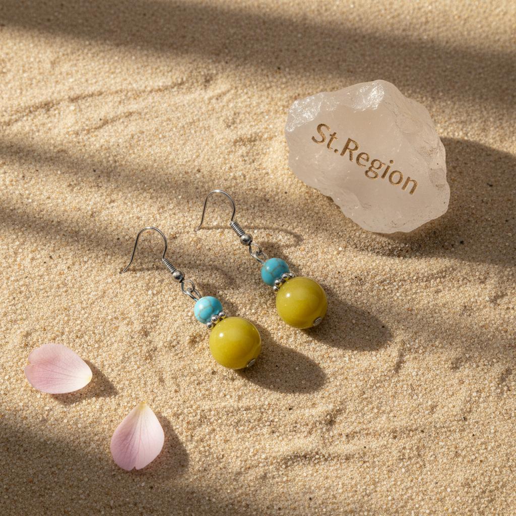 Yellow Jade and Turqouise Silvertone ‌Gourd-Shape Hook Earrings, silver drop earrings for women, detail close-up
