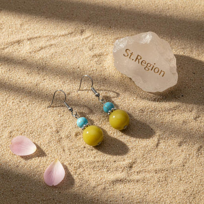 Yellow Jade and Turqouise Silvertone ‌Gourd-Shape Hook Earrings, silver drop earrings for women, detail close-up