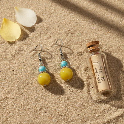 Yellow Jade and Turqouise Silvertone ‌Gourd-Shape Hook Earrings, silver drop earrings for women, lifestyle look