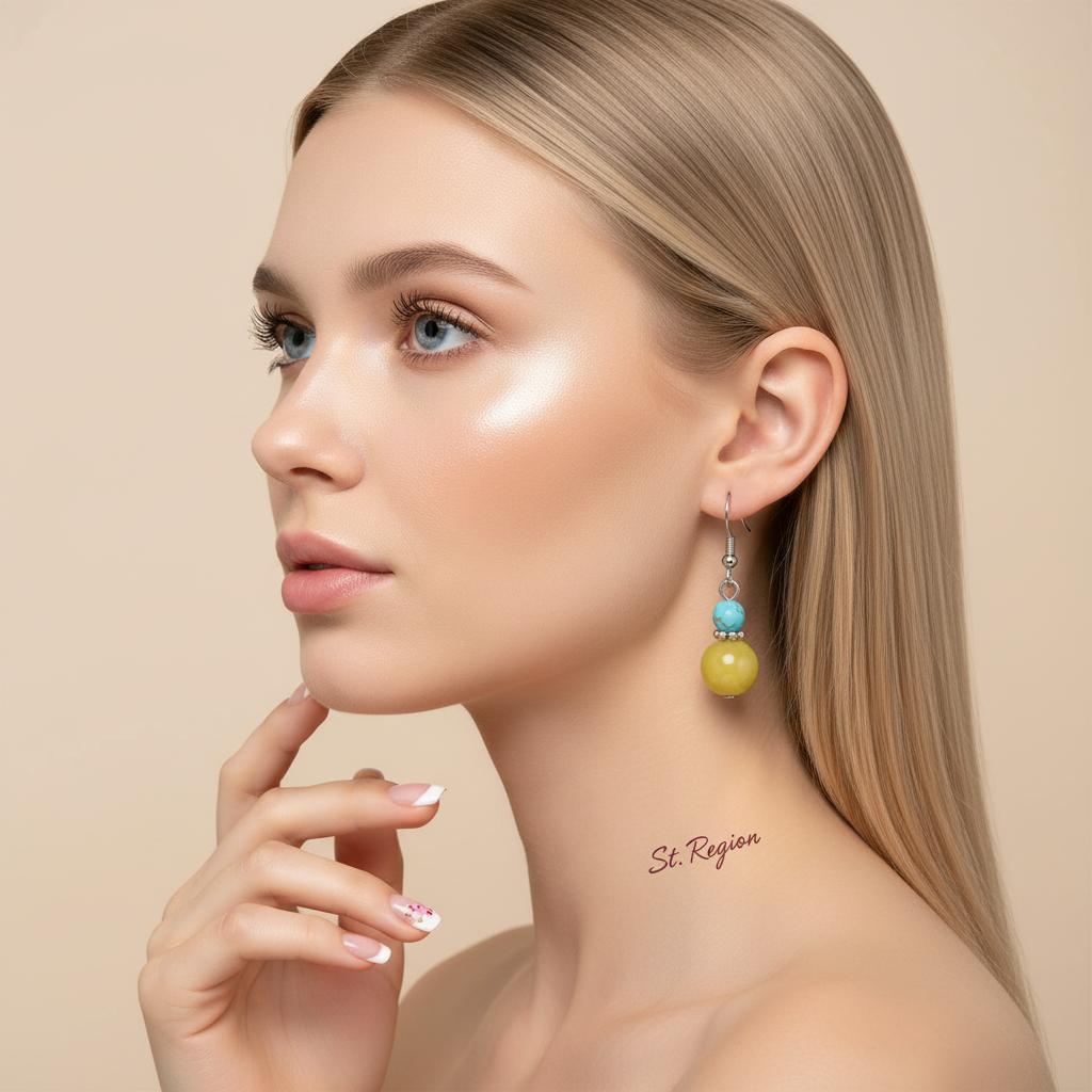 Yellow Jade and Turqouise Silvertone ‌Gourd-Shape Hook Earrings, silver drop earrings for women, styled look