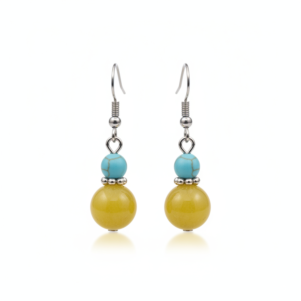 Yellow Jade & Turqouise Silvertone ‌Gourd‌-Shape Hook Earrings - Street Region