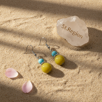 Yellow Jade & Turqouise Silvertone ‌Gourd‌-Shape Hook Earrings - Street Region