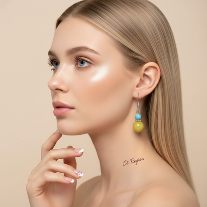 Yellow Jade & Turqouise Silvertone ‌Gourd‌-Shape Hook Earrings - Street Region