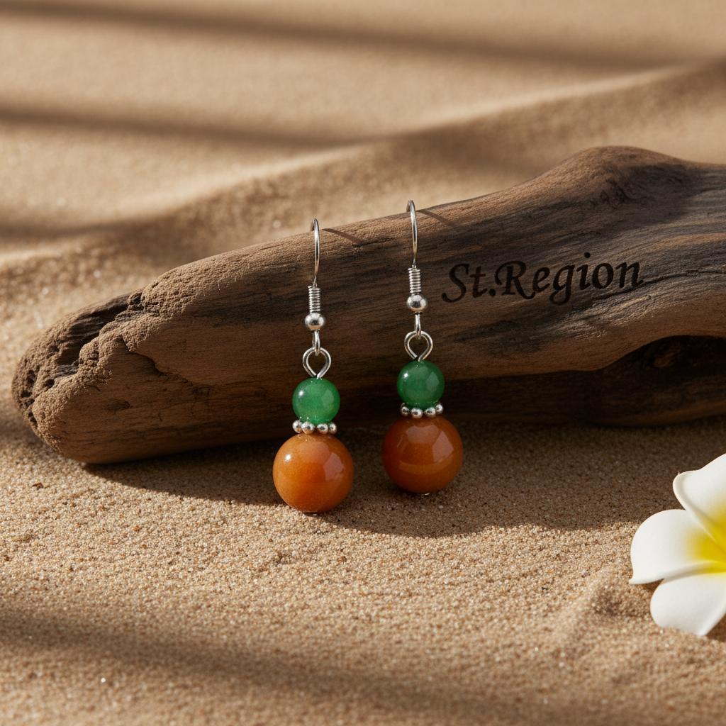 Green and Orange Jade Silvertone ‌Gourd‌-Shape Hook Earrings, silver drop earrings for women, everyday style, front view