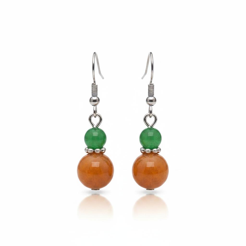 Green and Orange Jade Silvertone ‌Gourd‌-Shape Hook Earrings, silver drop earrings for women, everyday style, side view