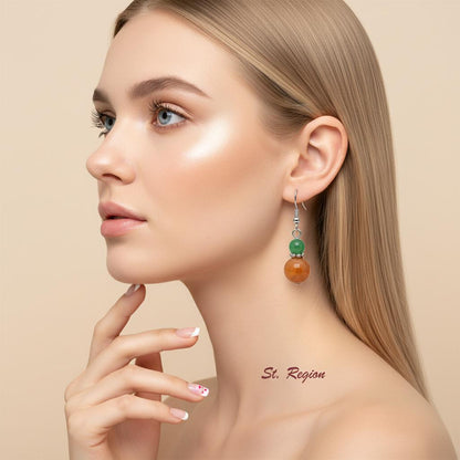 Green and Orange Jade Silvertone ‌Gourd‌-Shape Hook Earrings, silver drop earrings for women, everyday style, detail close-up