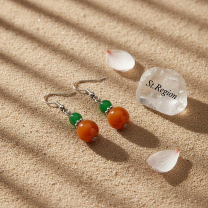 Green and Orange Jade Silvertone ‌Gourd‌-Shape Hook Earrings, silver drop earrings for women, everyday style, lifestyle look