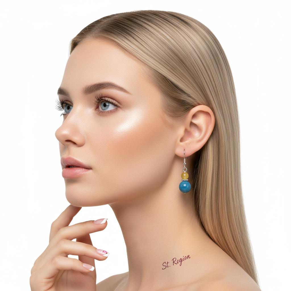 Yellow and Blue Jade Silvertone ‌Gourd‌-Shape Hook Earrings, silver drop earrings for women, styled look