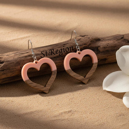 Pink Resin and Wood Silvertone Open Heart Hook Earrings, silver drop earrings for women, elegant gift for her, front view