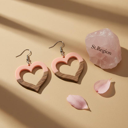 Pink Resin and Wood Silvertone Open Heart Hook Earrings, silver drop earrings for women, detail close-up