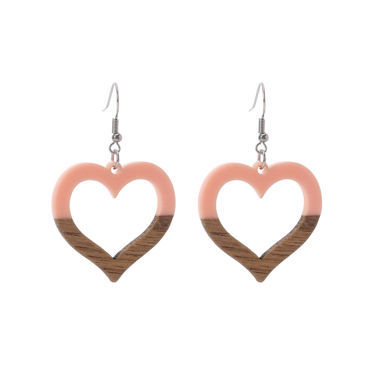 Pink Resin & Wood Silvertone Open Heart Hook Earrings - Street Region