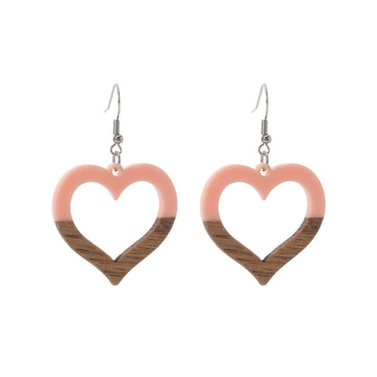Pink Resin & Wood Silvertone Open Heart Hook Earrings - Street Region