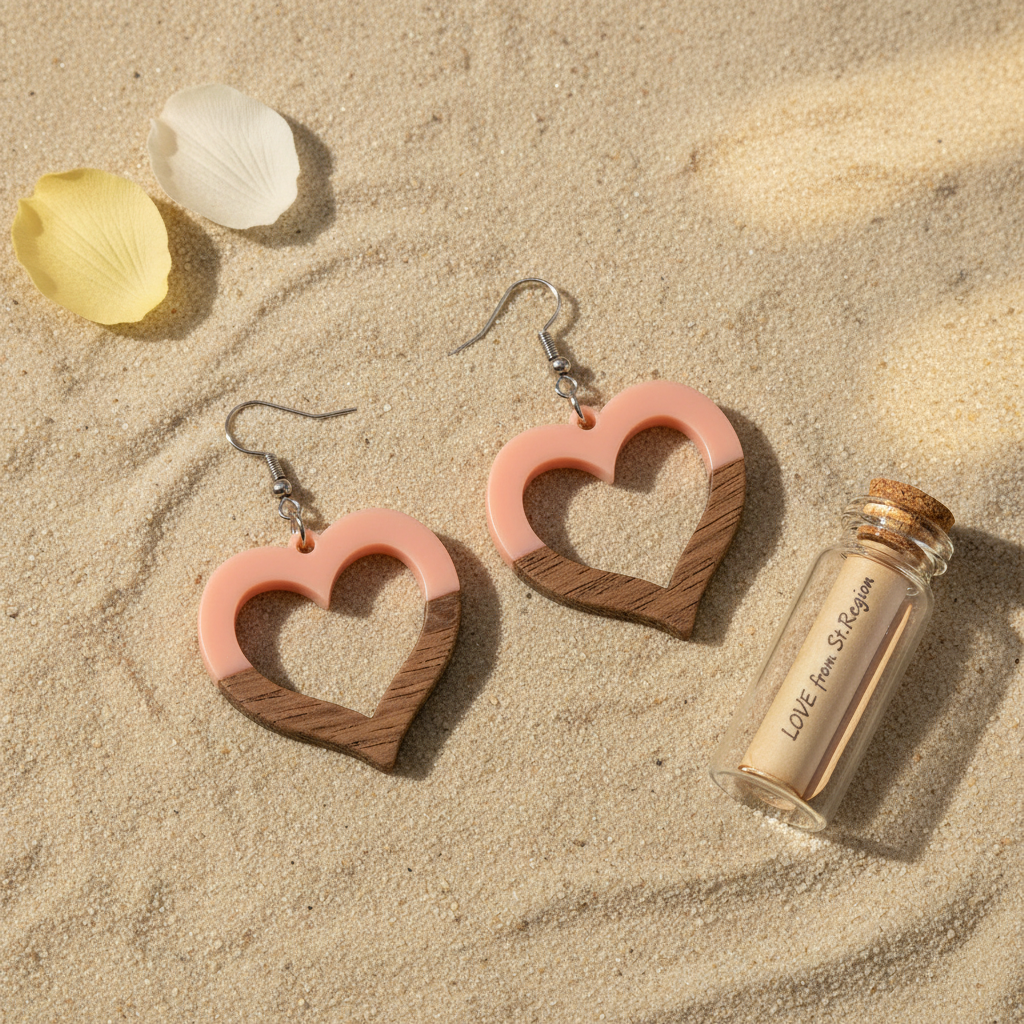 Pink Resin & Wood Silvertone Open Heart Hook Earrings - Street Region