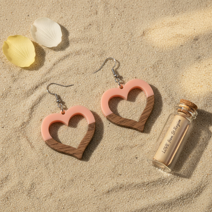Pink Resin & Wood Silvertone Open Heart Hook Earrings - Street Region