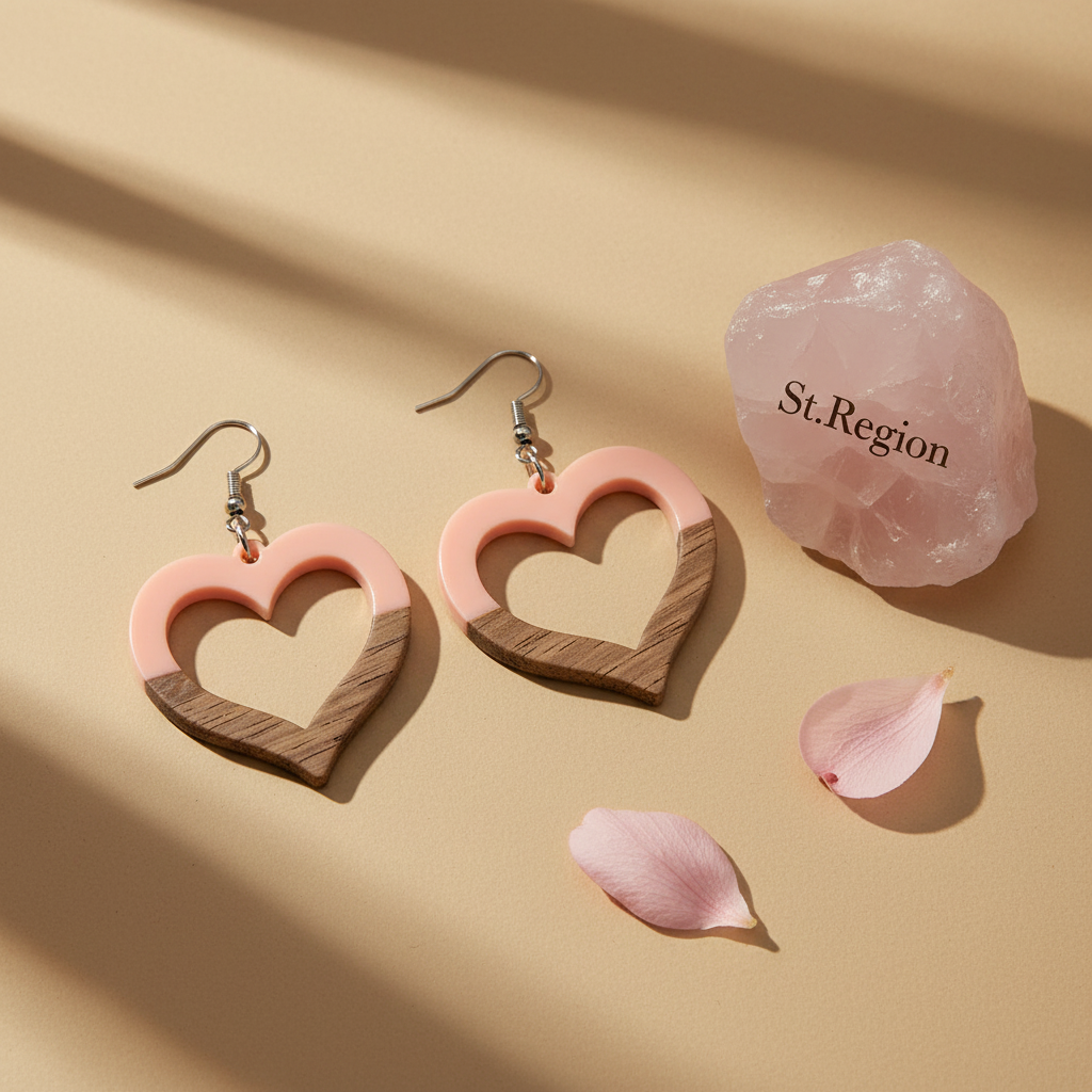 Pink Resin & Wood Silvertone Open Heart Hook Earrings - Street Region