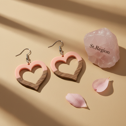 Pink Resin & Wood Silvertone Open Heart Hook Earrings - Street Region