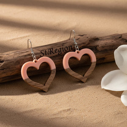 Pink Resin & Wood Silvertone Open Heart Hook Earrings - Street Region