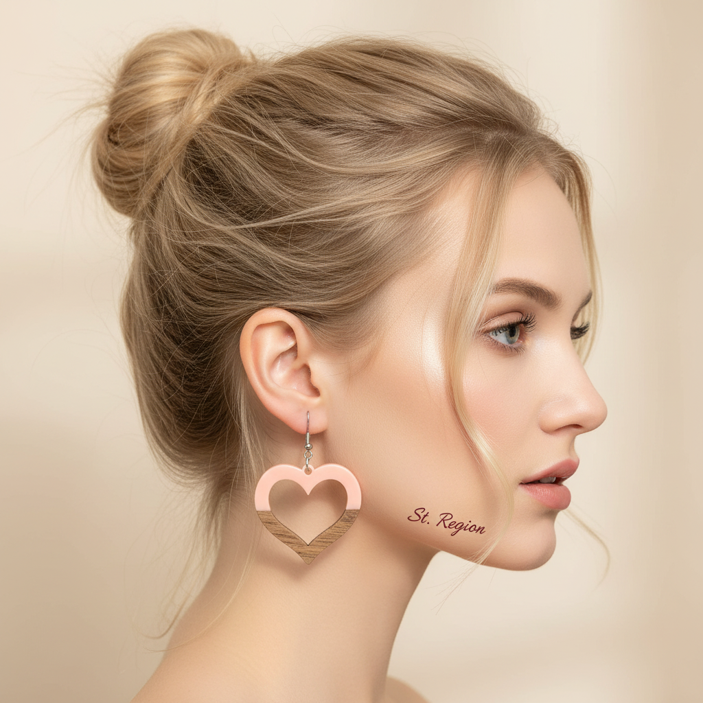 Pink Resin & Wood Silvertone Open Heart Hook Earrings - Street Region