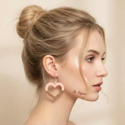 Pink Resin & Wood Silvertone Open Heart Hook Earrings - Street Region