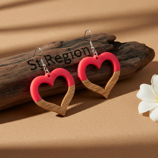 Rose Resin and Wood Silvertone Open Heart Hook Earrings, gold drop earrings for women, everyday style, front view