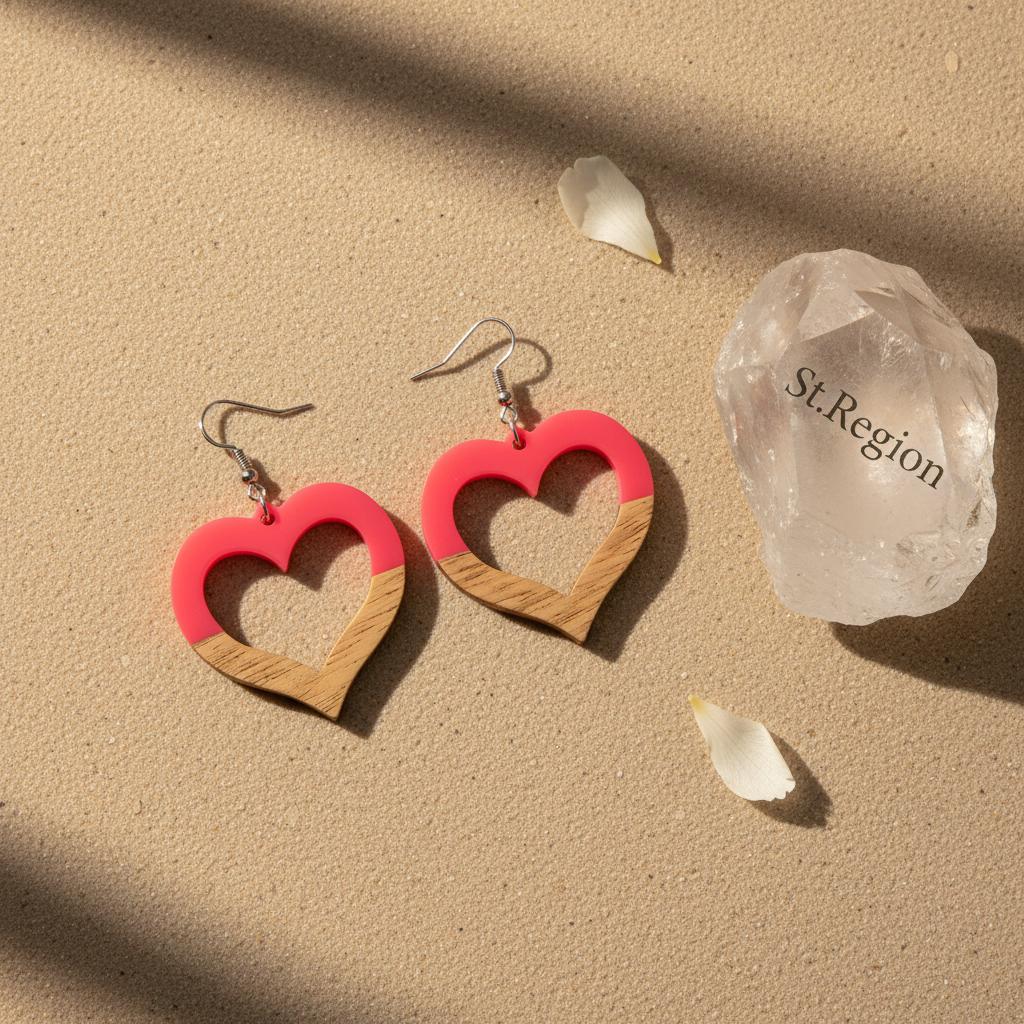 Rose Resin and Wood Silvertone Open Heart Hook Earrings, silver drop earrings for women, everyday style, detail close-up