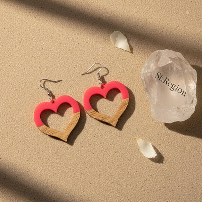 Rose Resin and Wood Silvertone Open Heart Hook Earrings, silver drop earrings for women, everyday style, detail close-up