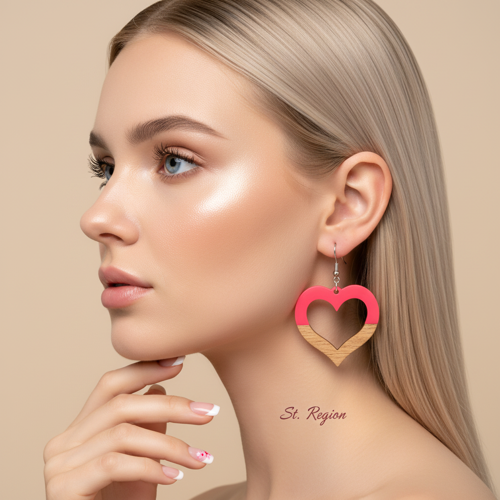 Rose Resin & Wood Silvertone Open Heart Hook Earrings - Street Region
