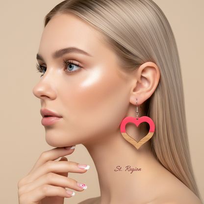 Rose Resin & Wood Silvertone Open Heart Hook Earrings - Street Region