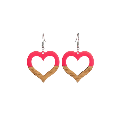 Rose Resin & Wood Silvertone Open Heart Hook Earrings - Street Region