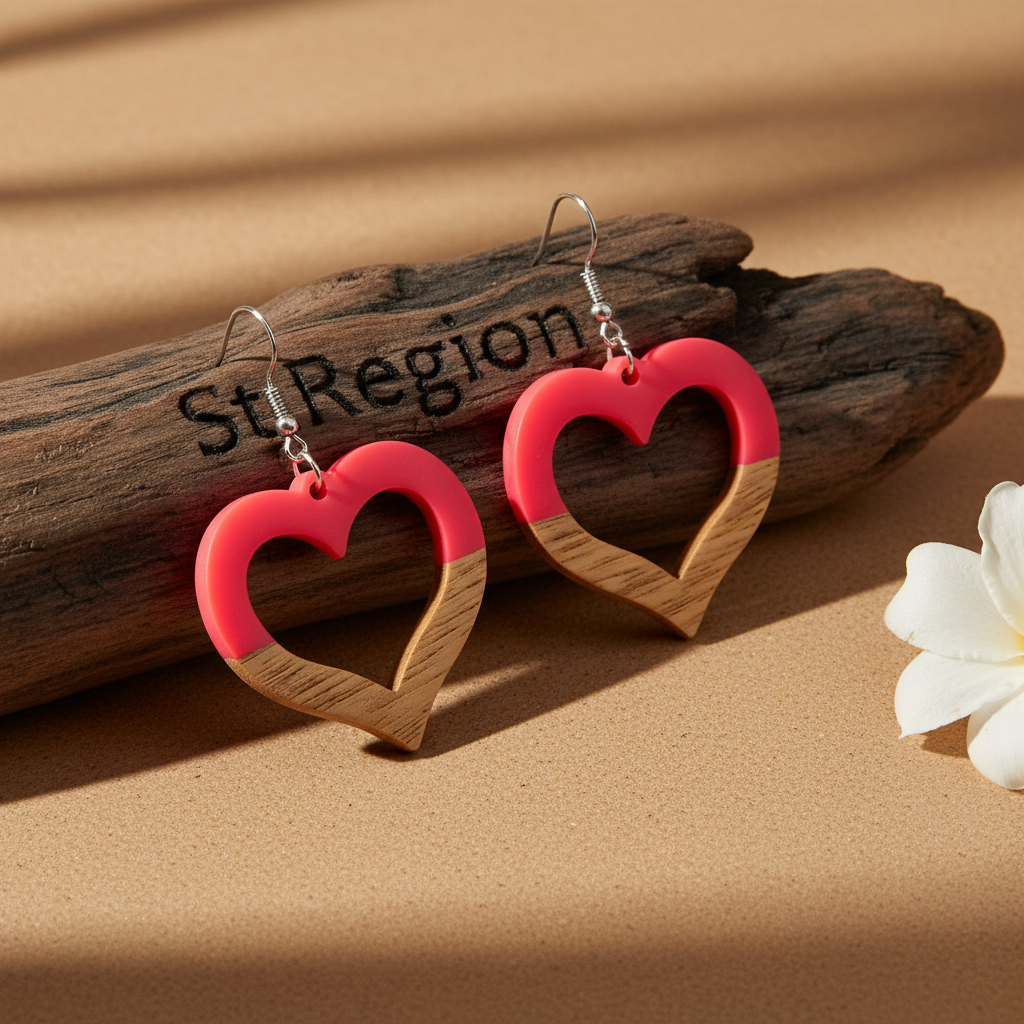 Rose Resin & Wood Silvertone Open Heart Hook Earrings - Street Region