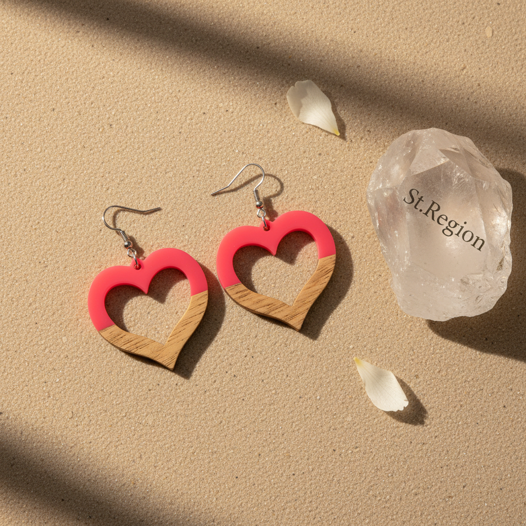 Rose Resin & Wood Silvertone Open Heart Hook Earrings - Street Region