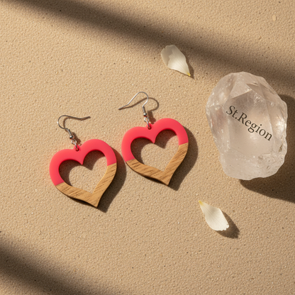 Rose Resin & Wood Silvertone Open Heart Hook Earrings - Street Region