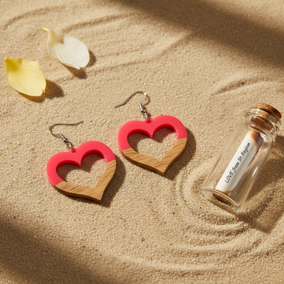 Rose Resin & Wood Silvertone Open Heart Hook Earrings - Street Region