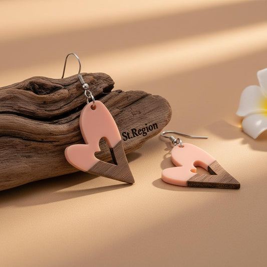 Pink Resin and Wood Silvertone Heart Hook Earrings, gold drop earrings for women, botanical inspired, front view