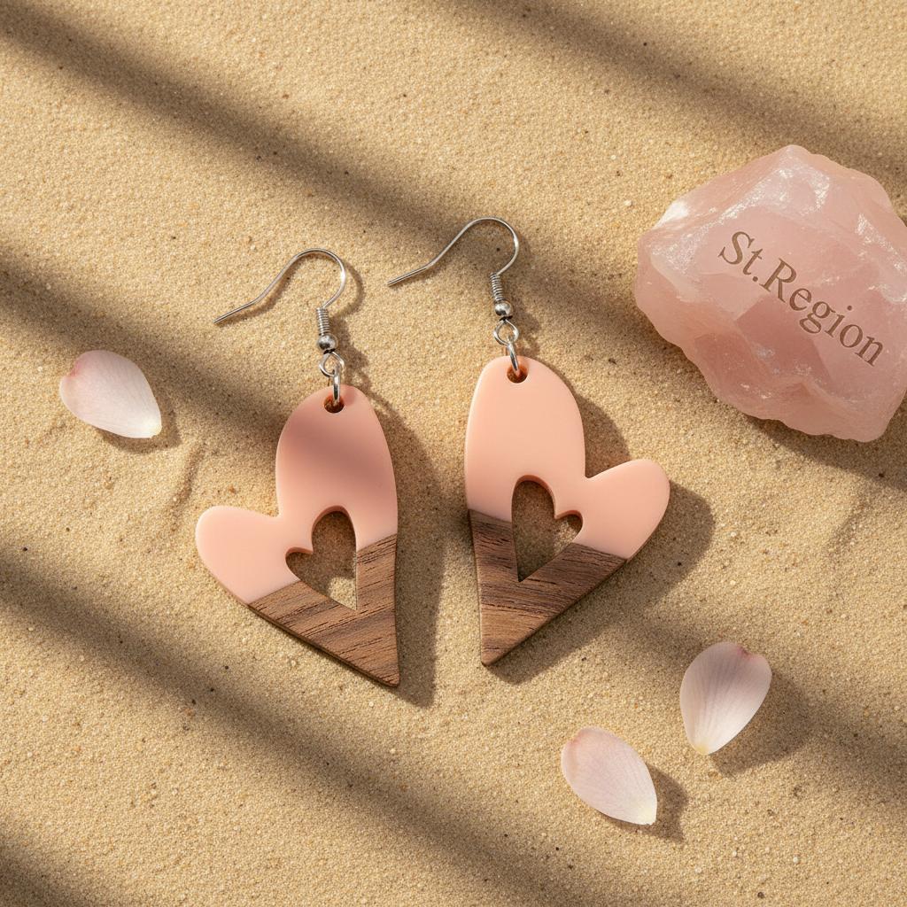 Pink Resin and Wood Silvertone Heart Hook Earrings, silver drop earrings for women, botanical inspired, detail close-up