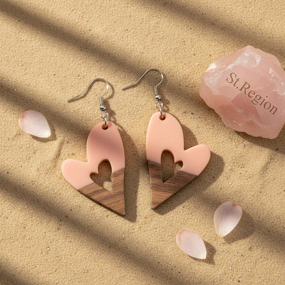 Pink Resin and Wood Silvertone Heart Hook Earrings, silver drop earrings for women, botanical inspired, detail close-up