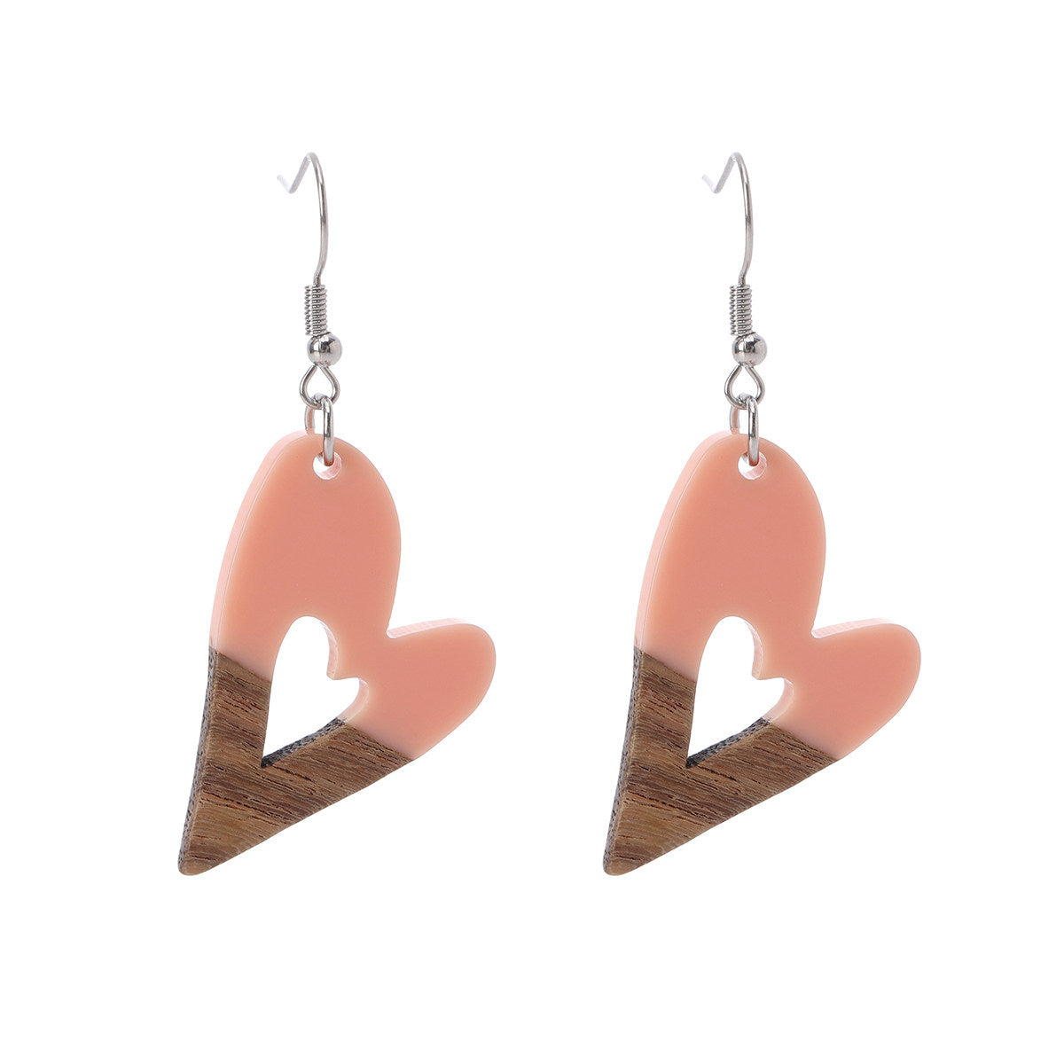 Pink Resin & Wood Silvertone Heart Hook Earrings - Street Region