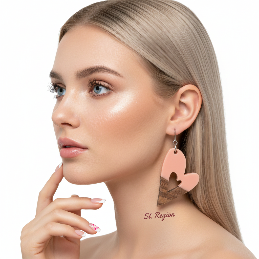 Pink Resin & Wood Silvertone Heart Hook Earrings - Street Region