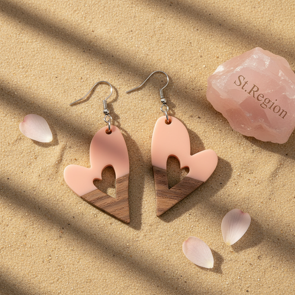 Pink Resin & Wood Silvertone Heart Hook Earrings - Street Region