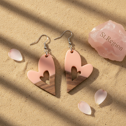 Pink Resin & Wood Silvertone Heart Hook Earrings - Street Region