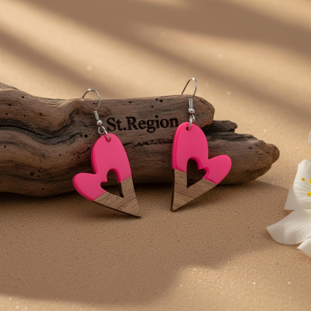 Rose Resin and Wood Silvertone Heart Hook Earrings, silver drop earrings for women, dainty minimalist design, front view