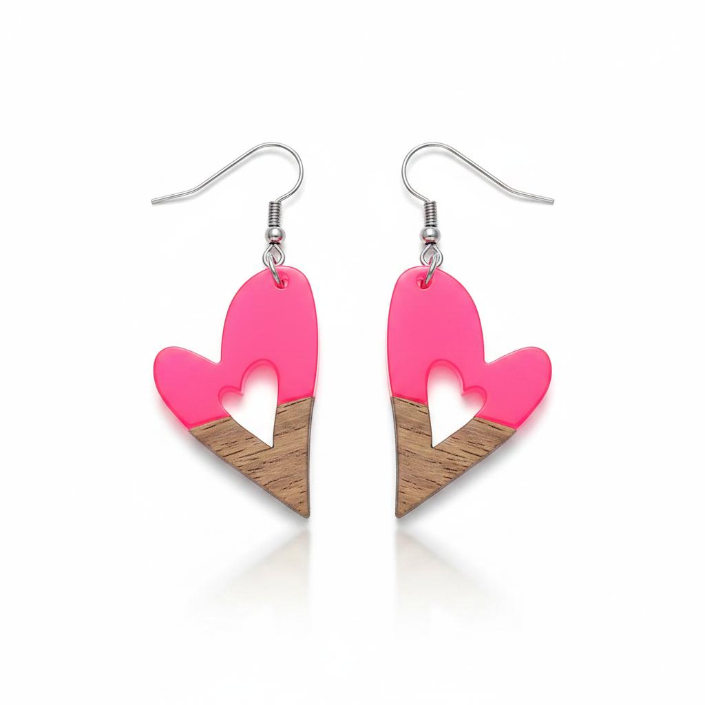 Rose Resin and Wood Silvertone Heart Hook Earrings, silver drop earrings for women, dainty minimalist design, side view