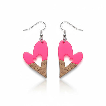 Rose Resin and Wood Silvertone Heart Hook Earrings, silver drop earrings for women, dainty minimalist design, side view