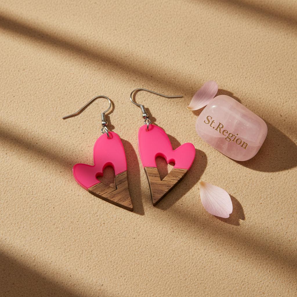 Rose Resin and Wood Silvertone Heart Hook Earrings, silver drop earrings for women, dainty minimalist design, detail close-up