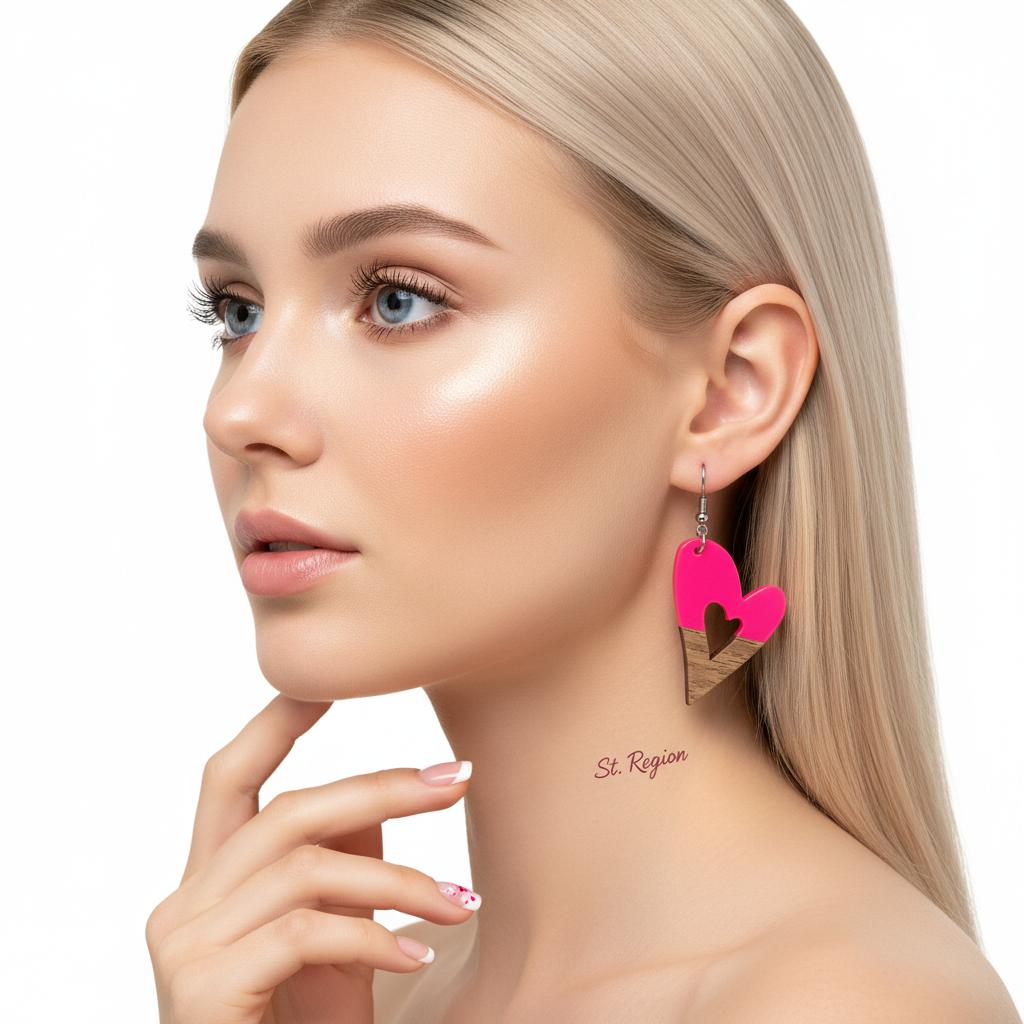 Rose Resin and Wood Silvertone Heart Hook Earrings, silver drop earrings for women, dainty minimalist design, styled look