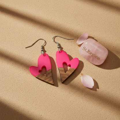 Rose Resin & Wood Silvertone Heart Hook Earrings - Street Region